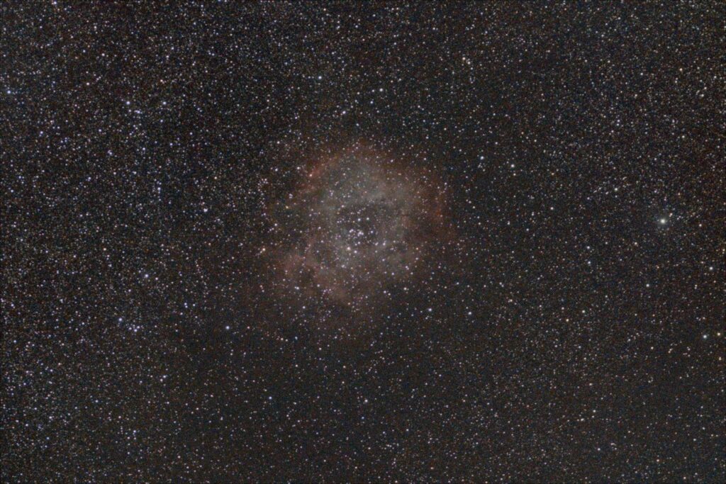 Rosette Nebula - Untracked - Canon EOS 250D, 135mm, f/2, ISO 6400, 1300 x 1 second - Post: DSS, Siril, Starnet++, GIMP