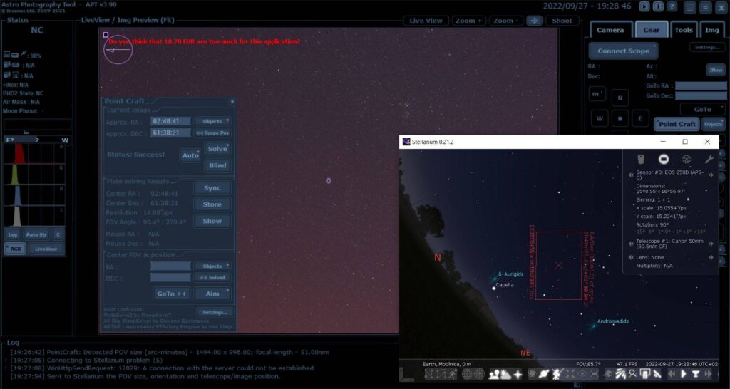 Plate Solving in APT and Export to Stellarium