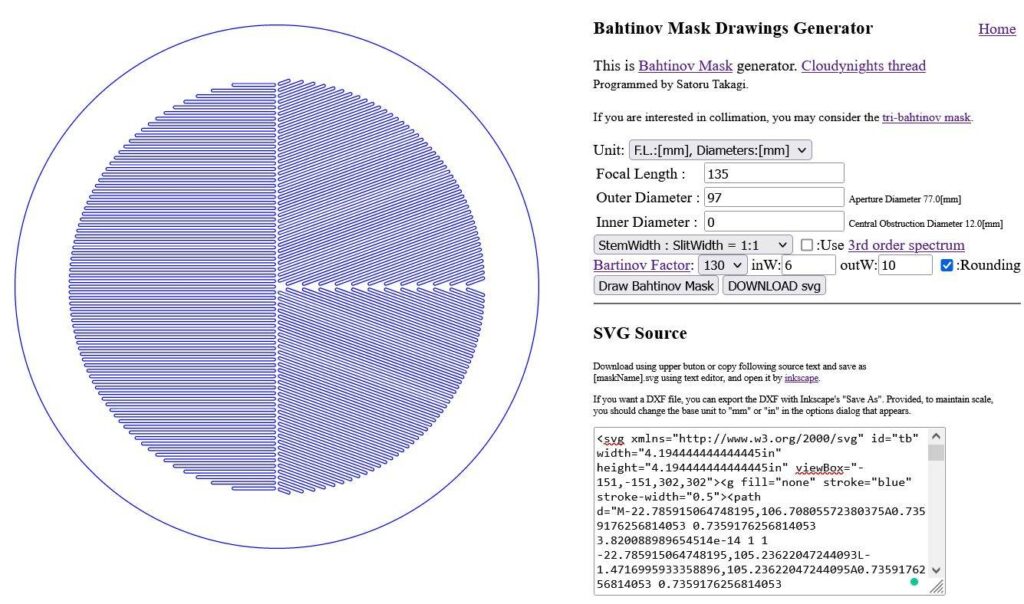 Bahtinov Mask Generator Settings for the Samyang 135mm f/2 lens