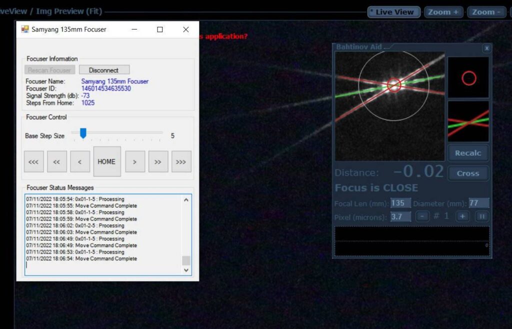 Running the Samyang 135mm f/2 Focuser Program along with the Astro Photography Tool Bahtinov Aid Tool