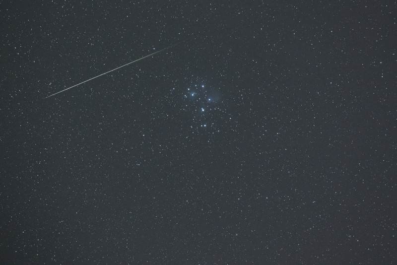 A Little Shooting Star Graced My Photo of the Pleiades