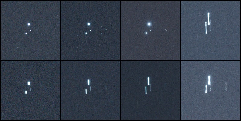 Star Tracker Troubleshooting: Top Row - Best Images at 15, 30, 60, and 120 seconds, Bottom Row - Worst Images